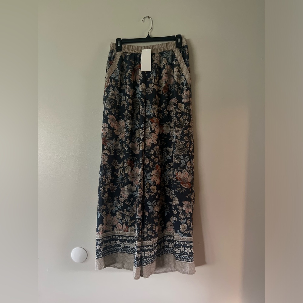 Sienna Sky Navy Floral Wide-Leg Pants with Cream Trim